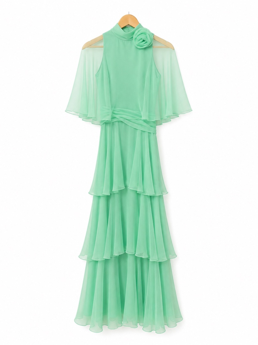Vintage Miss Elliette Mint Green Tiered Chiffon Maxi Gown with Rosette